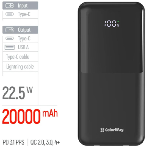 Батарея універсальна ColorWay 20 000 mAh DigiPower PD/22.5W, QC/4.0, Black (CW-PB200LP01BK)