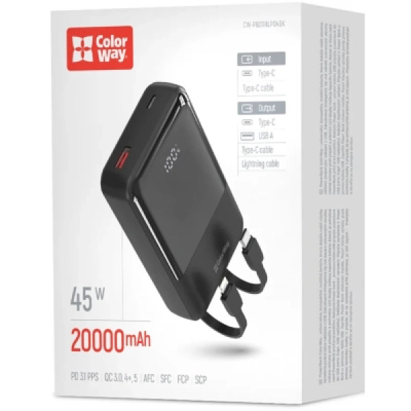 Батарея універсальна ColorWay 20 000 mAh DigiPower PD/45W, QC/4.0, Black (CW-PB200LP04BK)
