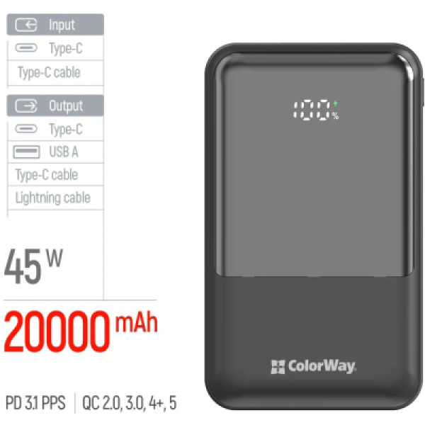 Батарея універсальна ColorWay 20 000 mAh DigiPower PD/45W, QC/4.0, Black (CW-PB200LP04BK)