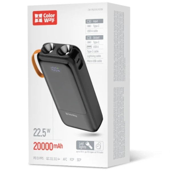 Батарея універсальна ColorWay 20 000 mAh PowerHub PD/22.5W, QC/4.0, Black (CW-PB200LP07BK)