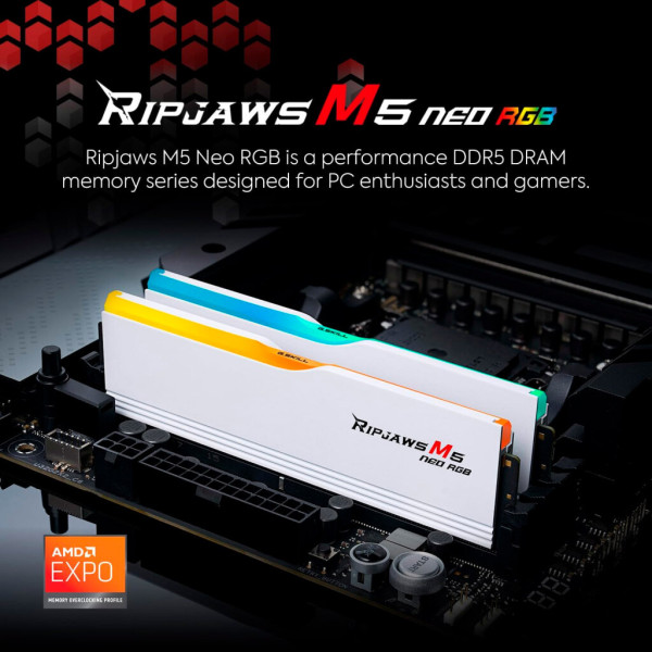 Модуль пам'яті для комп'ютера DDR5 32GB (2x16GB) 6000 MHz Ripjaws M5 Neo RGB Matte White G.Skill (F5-6000J3636F16GX2-RM5NRW)