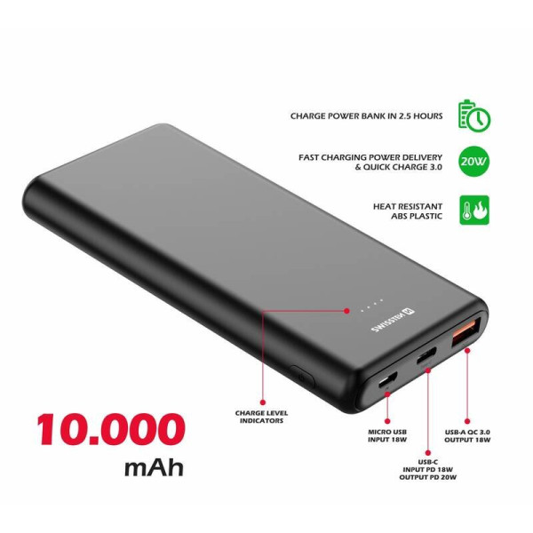 Power Bank Swissten Power Line 10000 mAh 20W Power Delivery Black (22013912)